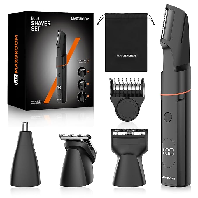 Manscape Body Hair Trimmer for Men, Waterproof Pubic, Groin & Ball Shaver, No-Nick Mens Electric Grooming Kit with LED Display, USB Rechargeable, Adjustable Guide Comb