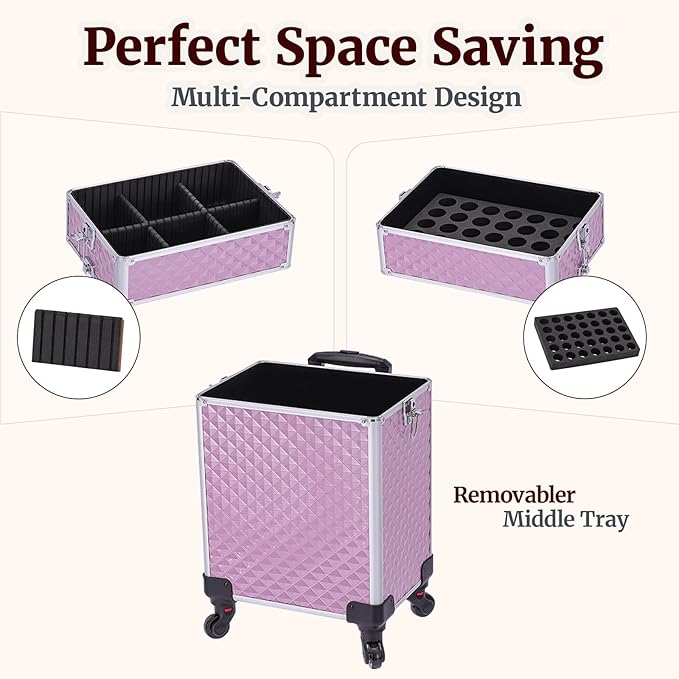 TOPACK Professional 4-In-1 Rolling Makeup Train Case, Large Makeup Travel Case with Key Shoulder Strap/Handle Cushion I Makeup Train Case Organizer I Cosmetology Case on Wheels I Pink