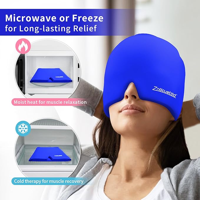 ZNÖCUETÖD Migraine Headache Relief Cap Hat Full Head ice Pack Wrap Cooling Gel Ice Beanie Cold Cap Hot/Cold Compress Therapy for Sinus, Stress, Tension, Hangover Headache Pain Relief Gift Men Women