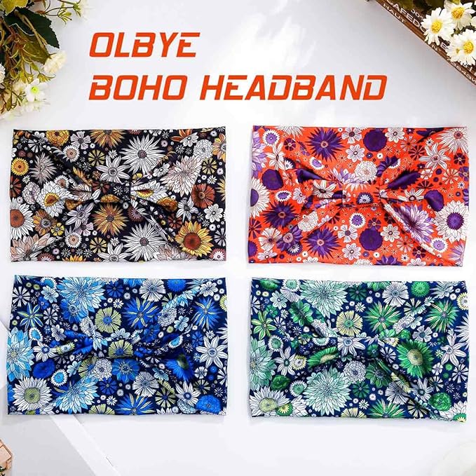Olbye Wide Boho Headbands Floral Stretch Head Wraps Bohemian African Turban Hairbands Knotted Bandana Headband Yoga Running Head Scarfs Workout Hair Accessories for Women 4Pcs (Floral, 9.4 * 5.9'')