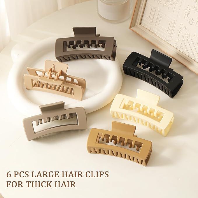 6 PCS Rectangle Hair Clips for Women and girls, 4.1 Inch Extra Large Claw Clips for Thick Thin Hair, Strong Hold Non Slip Big Square Banana Jaw Clips Hair Accessories, Neutral Color