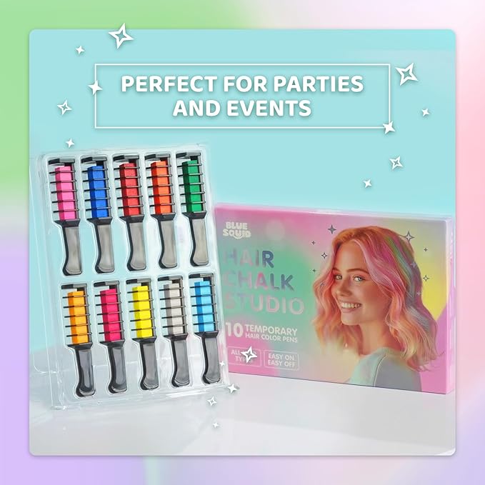 Blue Squid Hair Chalk Comb - 10 Vibrant Temporary Hair Colors for Girls & Teens, Washable Hair Dye, Perfect for Parties, Cosplay, Halloween, Paraben Free, Suitable for All Hair Colors