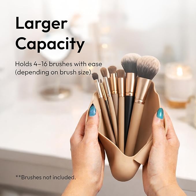 Éclat Silicone Makeup Brush Holder Travel, 3 in 1 Portable Bag With Anti-Fall Out Magnetic Closure & Cleaner Mat Case, Soft Cosmetic Tool Organizer Pouch Keeps Brushes Clean & Dust Free (Beige)