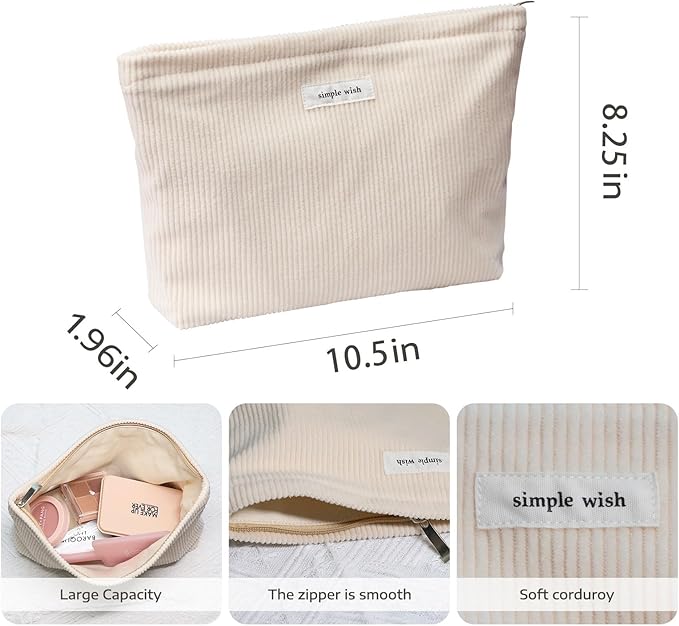 Wudygirl Travel Makeup Bag,Large Capacity Cosmetic Bag for Women,Corduroy Toiletry bag Handbags Purses Zipper pouch(Beige)