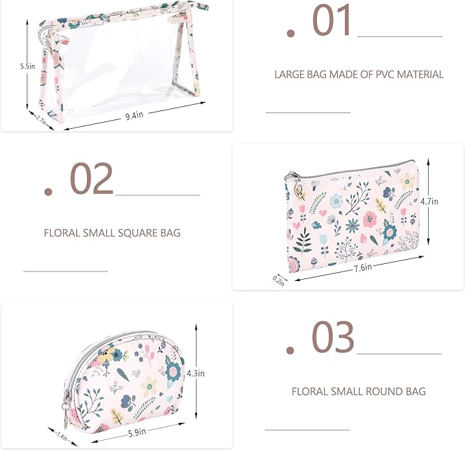 Richeart Makeup Bag, Clear Bag with Zipper, 3PC Floral Flowers Makeup Pouch, Waterproof Small Pouch, Portable Travel Toiletry Bag, C