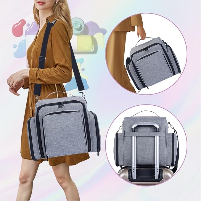 Nail Polish Organizer Holds 60 Bottles and a Nail Lamp,Portable Travel Case with 2 Removable Bags and Tools Storage Pockets Grey