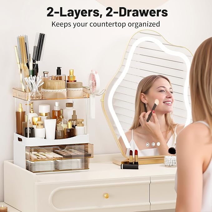 Bathroom Counter Organizer with Hairdryer Holder, 2-Tier 2-Drawer Shower Organizer for Skincare, Makeup Cosmetics, Large Capacity Vanity Organizer, Bathroom Decor, Valentine's Day(Amber)