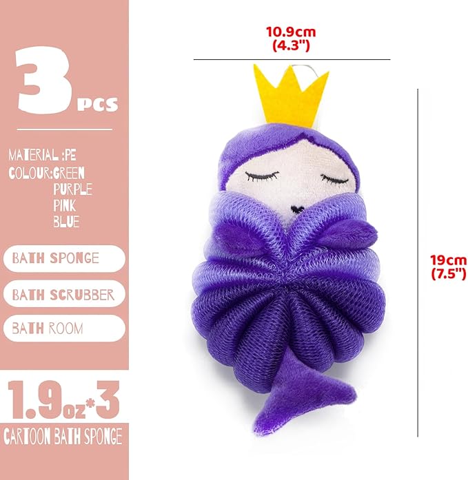MURRI&MURRDI 3 Pack Kids Bath Sponges,Soft Animal Shower Poufs, Gentle Exfoliating Body Scrubber for Toddlers, Cute Cartoon Mesh Loofah Gift Set for Boys & Girls