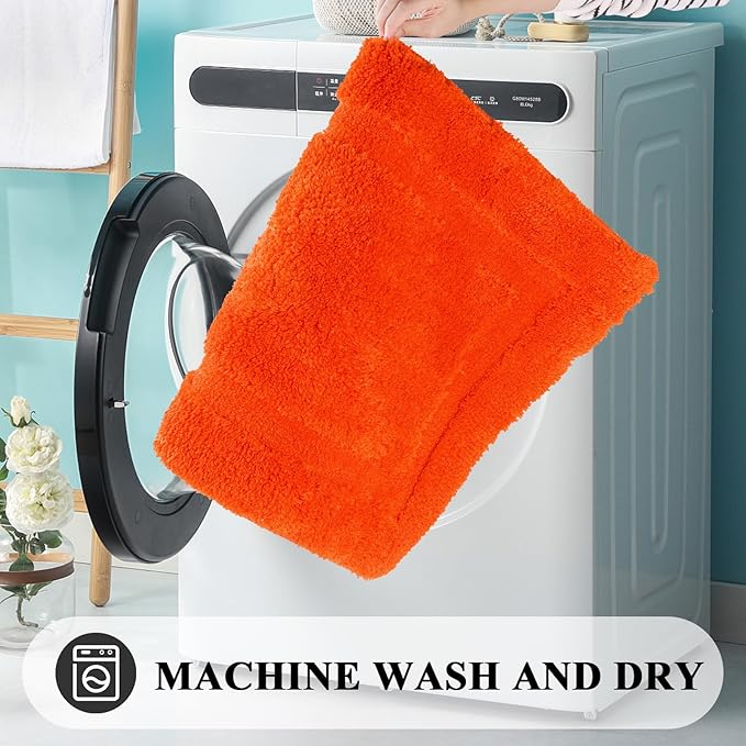 SHACOS Orange Fall Bathroom Rugs Sets 2 Piece 20x32 + 16x24 inch, Non Slip Bath Mat Microfiber Washable Bath Rugs, Soft Fluffy Water Absorbent Carpet for Bathroom Floor Shower Bathtub