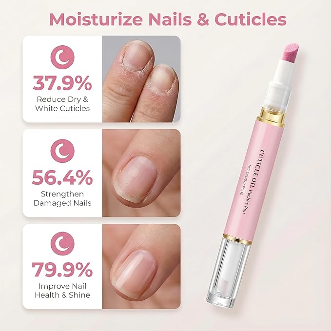 Ceramic Cuticle Pusher & Nail Oil Pen, 2-in-1 Nail Care Tool for Sensitive or Damaged Nails, Gentle Hangnail Remover, Portable Nail Pen with Stainless Steel Cuticle Cleaner (Pink)