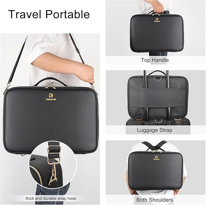 Relavel Makeup Case Large Makeup Bag with LED Mirror, Professional Train Case 16.2 inch, Travel Cosmetic Organizer Brush Holder Waterproof Makeup Artist Storage Box with Adjustable Strap