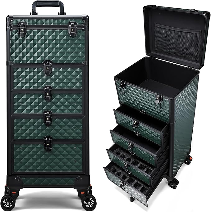 Nail Salon Cart with 4 Drawers,Rolling Makeup Train Case for Beauty,Cosmetology Case on Wheels Trolley Cart,Lockable Organizer Travel Case for Manicure/Face Painting/Hairstylist,DARK GREEN