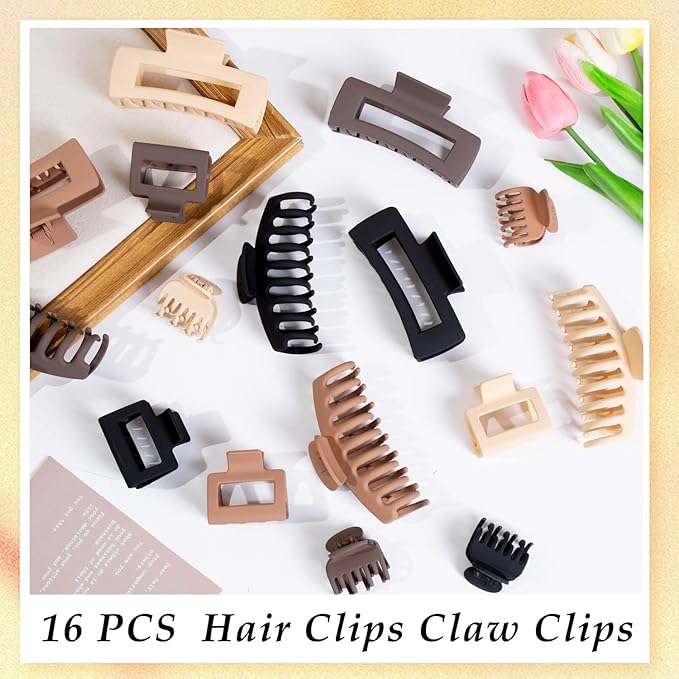 16 PCS 4.4" Large Hair Clips FDBJulyy Clip for Girls,4 Styles 4 Colors 16 Pack Strong Hold Matte Claw Hair Clip for Women Thick Hair & Thin Hair, 90's Vintage Claw Clips