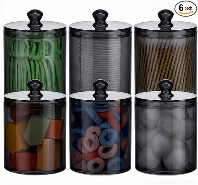 MateeyLife Qtip Holder 6 Pack, Acrylic Q-tip Dispenser for Cotton Pads, Swabs, Balls, Storage Containers for Organizing, Bathroom Canisters with Lid, Apothecary Jars Home Decor Accessories Set (Black)