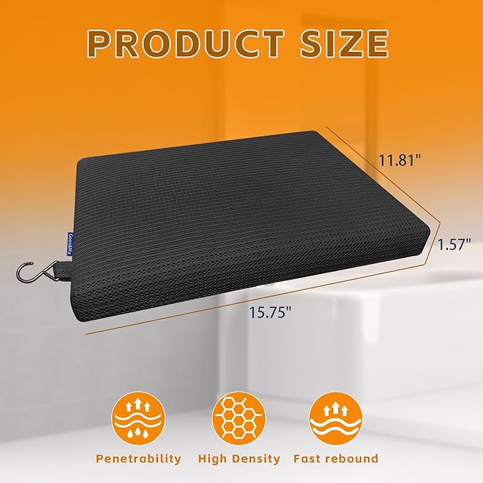 Gooo&Ma Non-Slip Waterproof Shower Seat Cushion Bathtub Pillow Shower Chair Bench Bathtub Cushion - with 3D Mesh & Hook - Bath Pillow，for Elderly，Pregnancy - Washable and Quick Drying(Black)