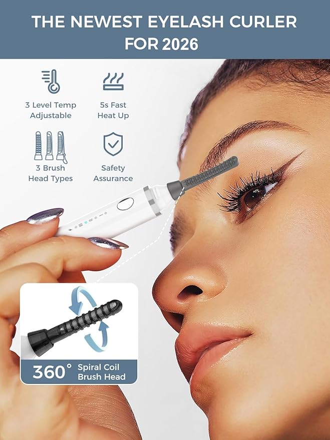 Smiling Shark Heated Eyelash Curler, 360°Wand-Style Heated Eyelash Curler Comb with 3 Brush Heads & 3 Temp & 5s Fast Heating【Lengthen/Define/Curler】 3-in-1 Lash Curler for All Types of Lashes
