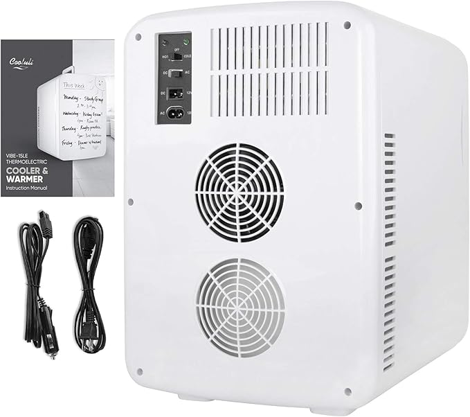 Cooluli Vibe Mini Fridge for Bedroom - With Cool Front Magnetic Whiteboard - 15L Portable Small Refrigerator for Travel, Car & Office Desk - Plug In Cooler & Warmer for Food, Drinks & Skincare (White)