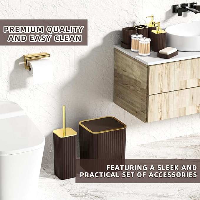 Bathroom Accessories Set - Gorgeous Bathroom Set, 10PC Brown Bathroom Accessories, Bathroom Accessory Set, Toilet Brush, Trash Can, Qtip Holder Dispenser & Soap Dispenser