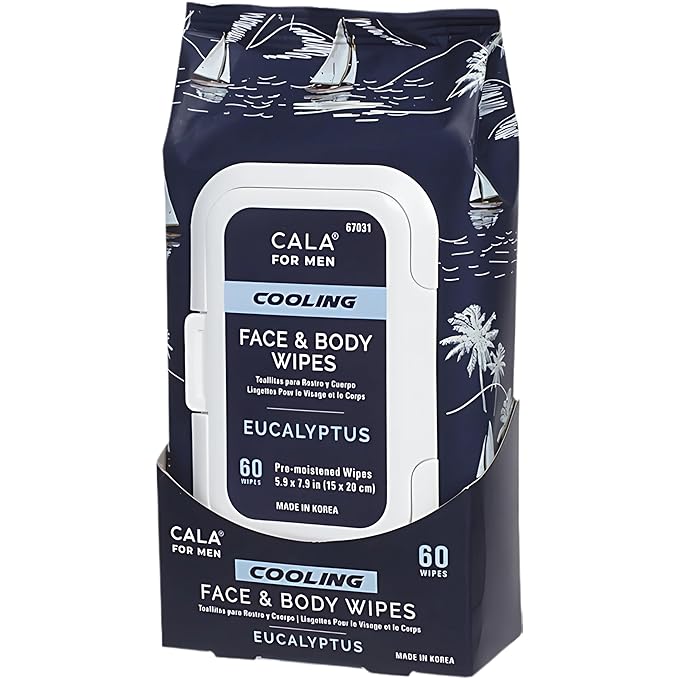 CALA for Men Cooling Face & Body Wipes, Eucalyptus Leaf Oil + Witch Hazel, Unscented Pre-Moistened Cleansing Tissues for Sweat & Grime, Soft Woven Cloth, 60 Sheets