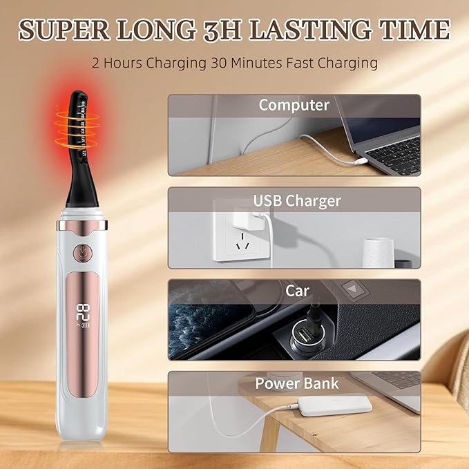 2026 Heated Eyelash Curler-USB Rechargeable Electric Eyelash Curler- Eyelash Curlers Heated 3s - 24 Hours Long Lasting- with Led Display for Women Girls-White