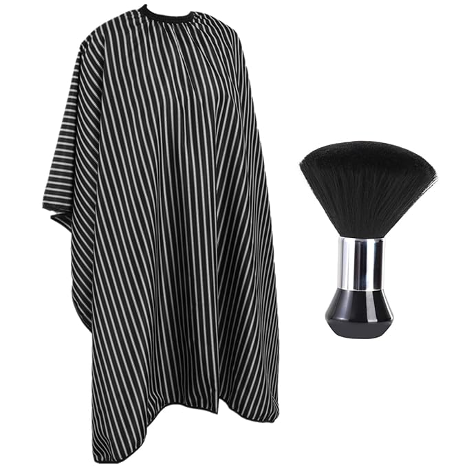 Professional Hair Cutting Cape with Neck Duster Brush, Large Size Salon Hairdresser Cape for Men, Women and Kids(Black With White Stripes)