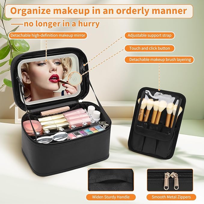 Makeup Bag With LED Mirror, Lightweight Travel Makeup Bag With 3 Color Setting Light Up Mirror Cosmetic Makeup Organizer Vanity Case for Women Beauty Tools Accessories Rechargeable Train Case-Black