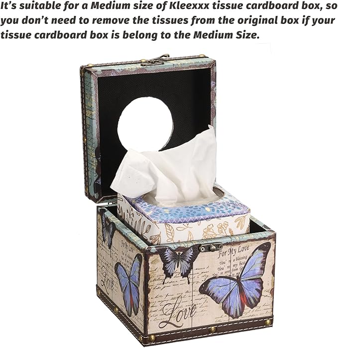 Sumnacon Tissue Box Retro Wood Square Tissue Box Cover Vintage Cube Tissue Box Holder,Decorative Tissue Holder for Bedroom Bathroom Toilet Table Desk Car Store Office Home,Beige White+Blue