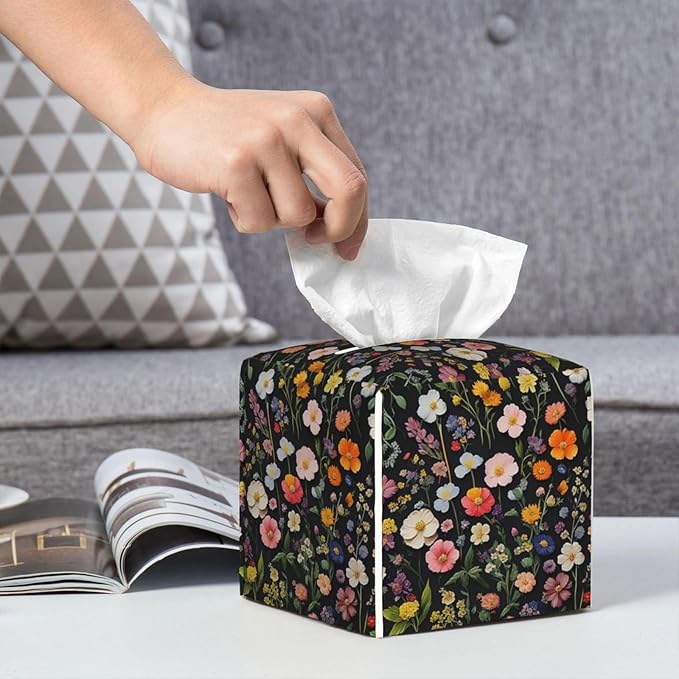 Spring Florals Herbs Tissue Box Cover Vintage Flowers Square Leather Tissue Holder Decorative Facial Tissue Cube Paper Cover Case Organizer for Bathroom Night Stands Desk Tabletop Home