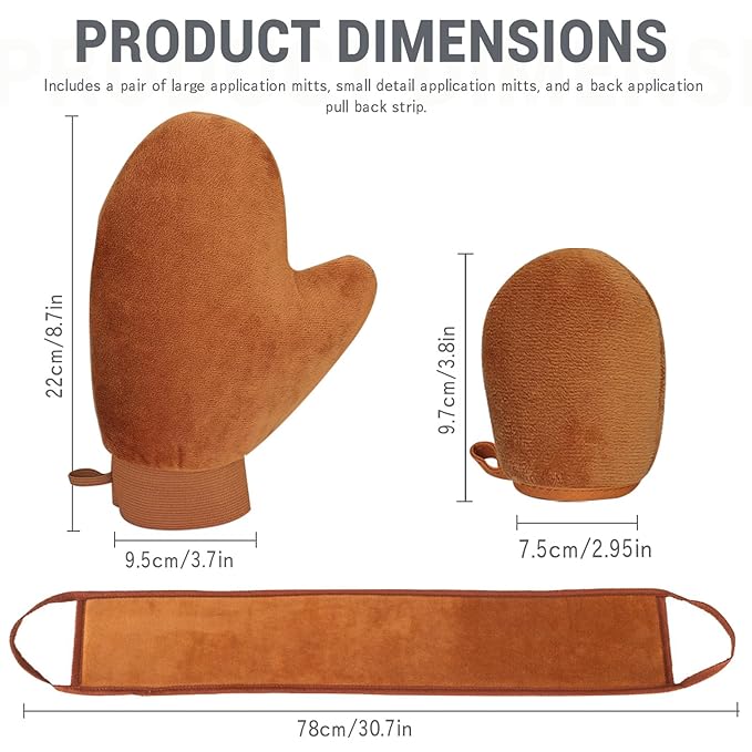 Tanning Mitt and Self Tanner Back Applicator, Different Sized Self Tanning Kit, Tanning Glove Self Tan Back Applicator for Lotion Mousse Sunless Face Skin Body Beauty Women Men (brown)