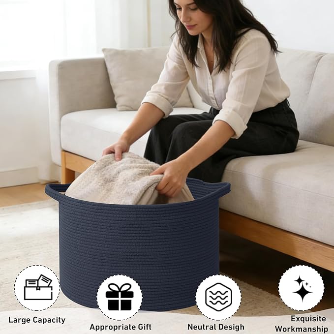 65L Large Blanket Basket,19.7" L x 19.7" W x 13" H Rope Woven Baskets with Handles, Toys Storage Bins,Laundry Basket Perfect for Living Room, Nursery,Bedroom,Home Organization,Dark Blue