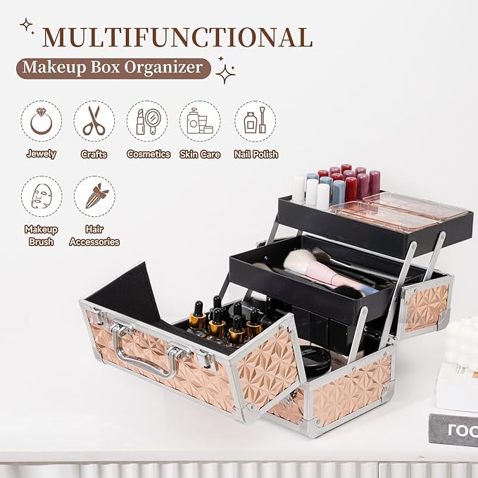 Leeora&Leekoo Makeup Train Case with Lighted Mirror,Portable Makeup Box Organizer (Rose Gold)