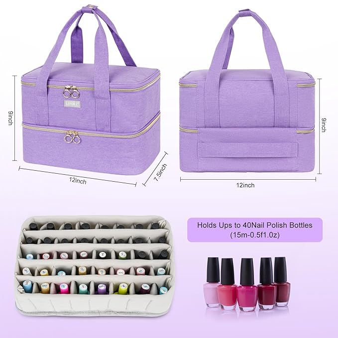 Nail Polish Organizers and Storage,Double-Layer Nail Polish Carrying Case Bag Holds 40 Bottles(15ml-0.5 fl.oz) and Nail Lamp,Nail Supplies