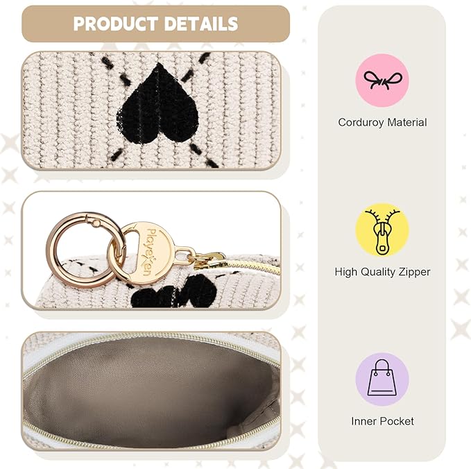 Mini Makeup Bag, Corduroy Small Cosmetic Bag for Purse with Ring Buckle, Travel Makeup Pouch for Lipsticks, Chapsticks, Coin, Earphone, Credit Card (Hearts-Beige)