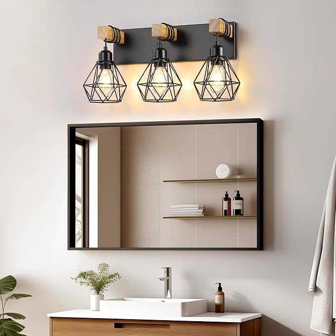 3-Light Farmhouse Bathroom Vanity Light Fixtures, Wood Bathroom Light Fixtures Over Mirror, Rustic Sconces Wall Lighting with Elegant Metal Lampshade for Living Room, Bedroom, Hallway