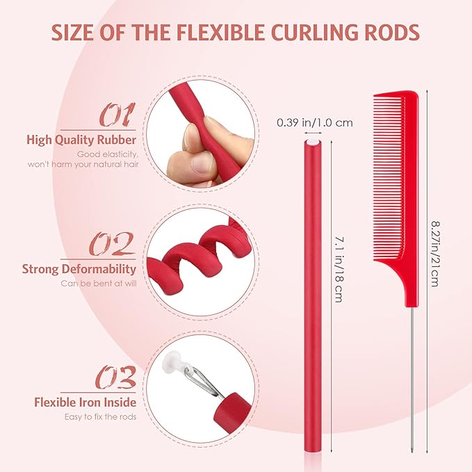 WILLBOND 60 Pieces Flexible Curling Rods Hair Curlers Rollers Twist Flexi No Heat Rods Rollers for Long Short Hair Women(0.4 x 7 Inch,Red)