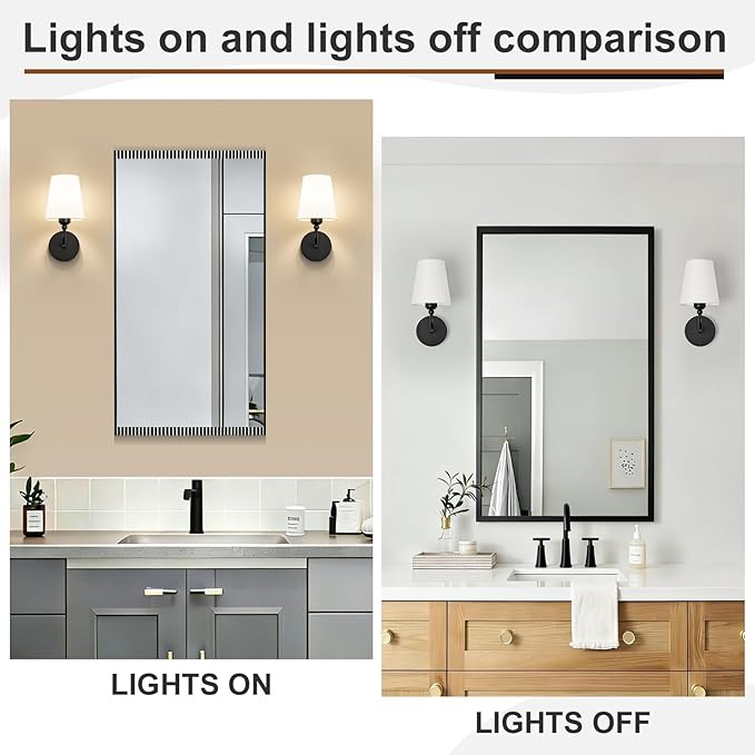 Modern Wall Sconces Set of 2, Hardwired Wall Lights with Flared White Fabric Shade, Matte Black Wall Lamps for Bedroom Bedside Stairway Bathroom Living Room(ETL Listed)