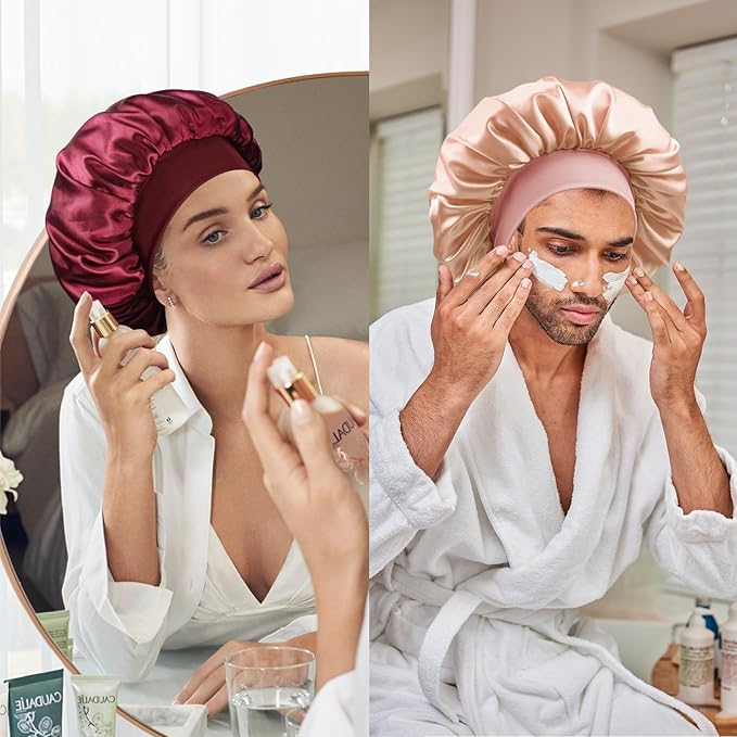 Satin Silk Bonnet for Sleeping, Double Layer Silk Sleep Cap for Men & Women, Soft Satin Lined Bonnet for Curly Hair
