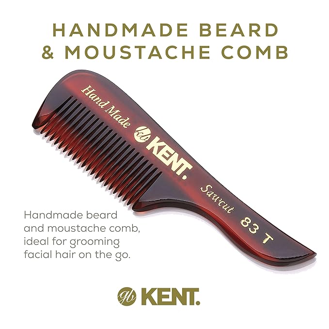 Kent 83T Small Gentleman's Beard and Mustache Pocket Comb, Fine Toothed Pocket Size for Facial Hair Grooming and Styling. Saw-cut of Quality Cellulose Acetate, Hand Polished. Hand-Made in England