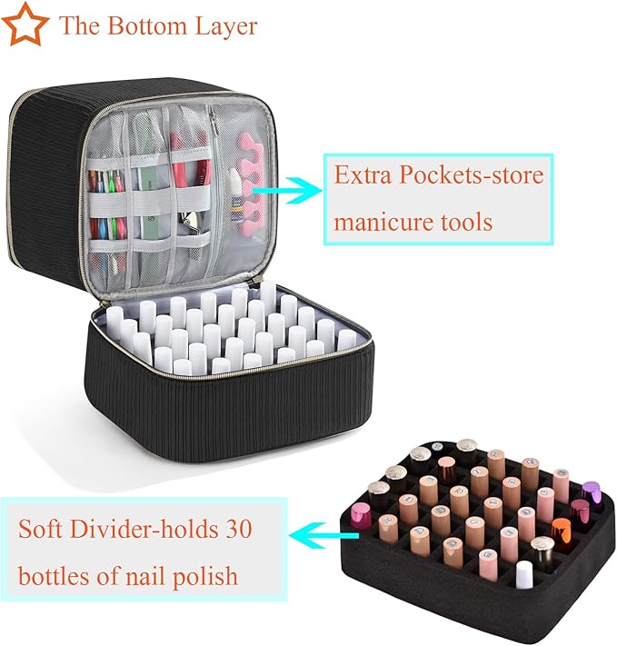 Corduroy Nail Polish Organizer and Nail Lamp Case, Nail Kit Organizer Holds 30 Bottles (15ml - 0.5 fl.oz) and a Nail Lamp, Nail Polish Carrying Case with Manicure Tools Storage Sections (Black)