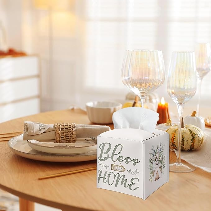 Bless Home & Flowers Bow Design Tissue Box Cover - Vintage PU Leather Waterproof Tissue Holder - Facial Paper Organizer for Home Bathroom Office - Desk Decorative Dispenser Box-B02