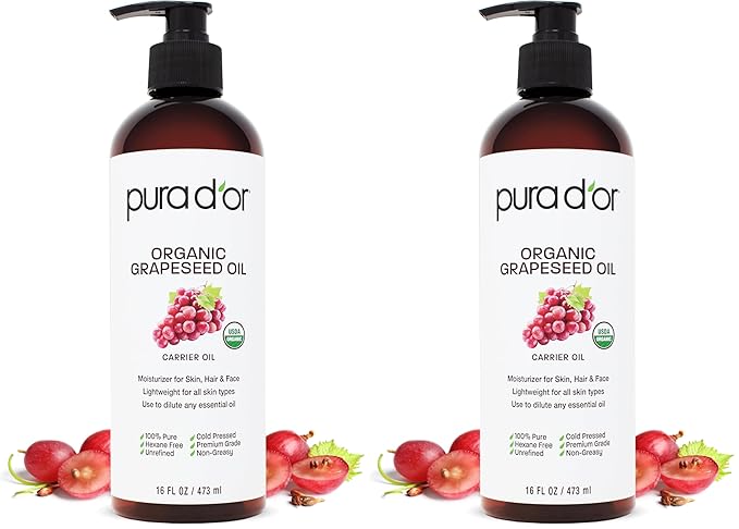 PURA D'OR 16 Oz Organic Grapeseed Oil-100% Pure&Natural USDA Certified Cold Pressed Carrier Oil-Light&Silky,Unscented,Hexane Free Liquid Moisturizer-Face Skin-&Hair-Men-&Women,(Pack of 2)