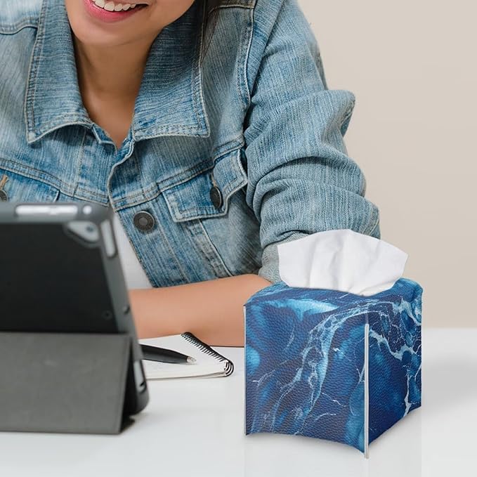 Blue Marble Tissue Box Cover Modern Square Tissue Box Organizer Decorative PU Leather Facial Paper Holder for Bathroom Vanity Countertop Bedroom Dresser Office Desk