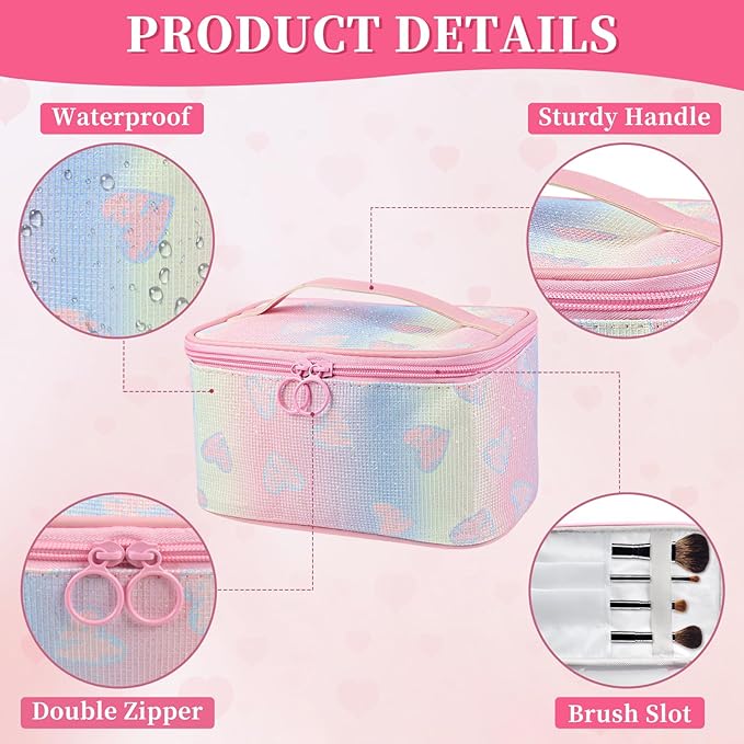 Makeup Bag, Travel Makeup Case Organizer With Handle and Divider, Make Up Box for Women, Cute Cosmetic Bag for Girls Sister Gifts