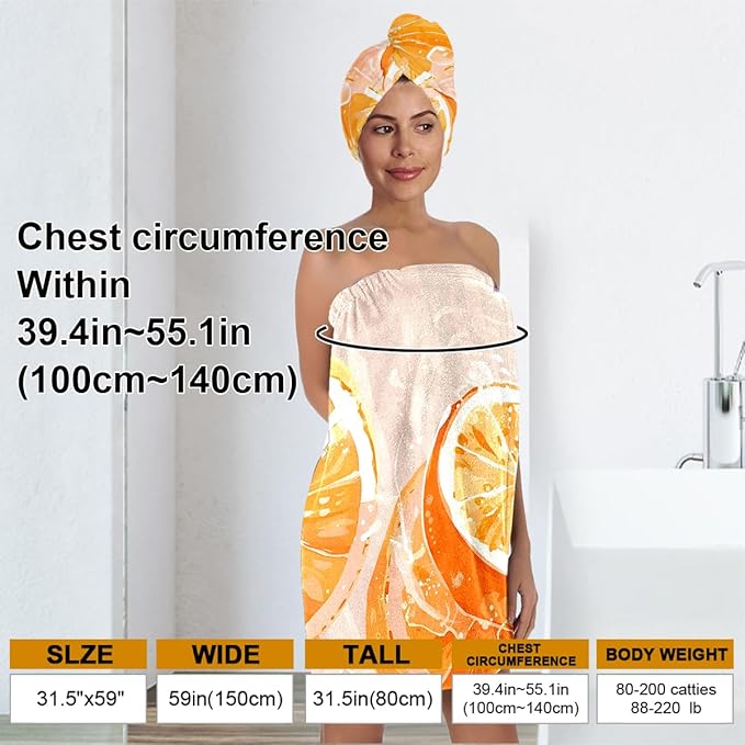 Orange Citrus Bath Wrap and Hair Towel for Women, Quick-Dry Microfiber Towel Skirt with Elastic Band & Matching Hair Turban, Soft Absorbent Spa Shower Wrap for Home Travel Gym (Citrus 3)