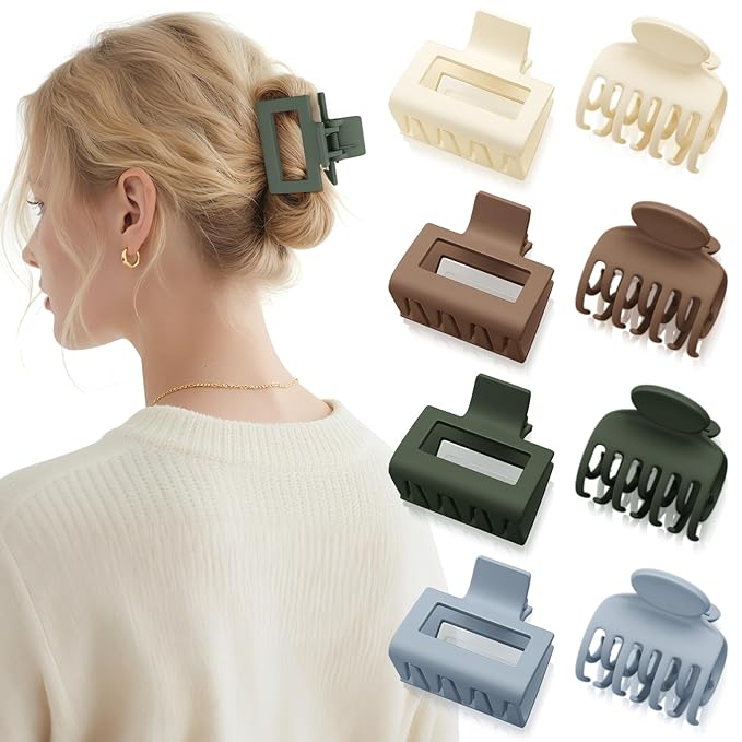 8 PCS Medium Hair Clips for Women Girls - 2 Styles Rectangle and Double Row Teeth Small Claw Clips for Thin Thick Hair, Matte Non-slip Strong Hold Jaw Clips Hair Accessories, Chic Colors