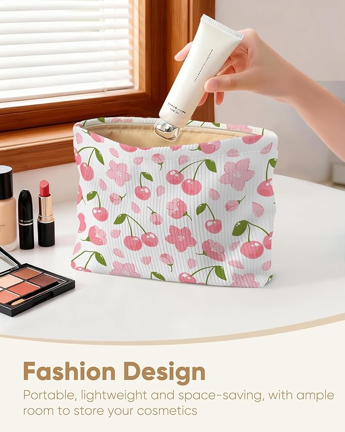 Cute Red Pink Cherry Floral Makeup Pouch for Women Small Make Up Cherries Bag for Purse Zipper Initial Makeup Cosmetic Bags Pouches for Purse Aesthetic Travel Toiletry Bags