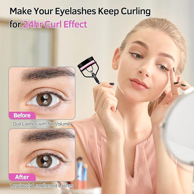 Eyelash Curlers Kit for Women w Lash Curler, Eyelash Comb Seperator, Eyeshadow Brush, Eyelash Extension Tweezers, Foldable Eyebrow Razor Comb, 10 Silicone Refills Pads for Natural Eyelashes