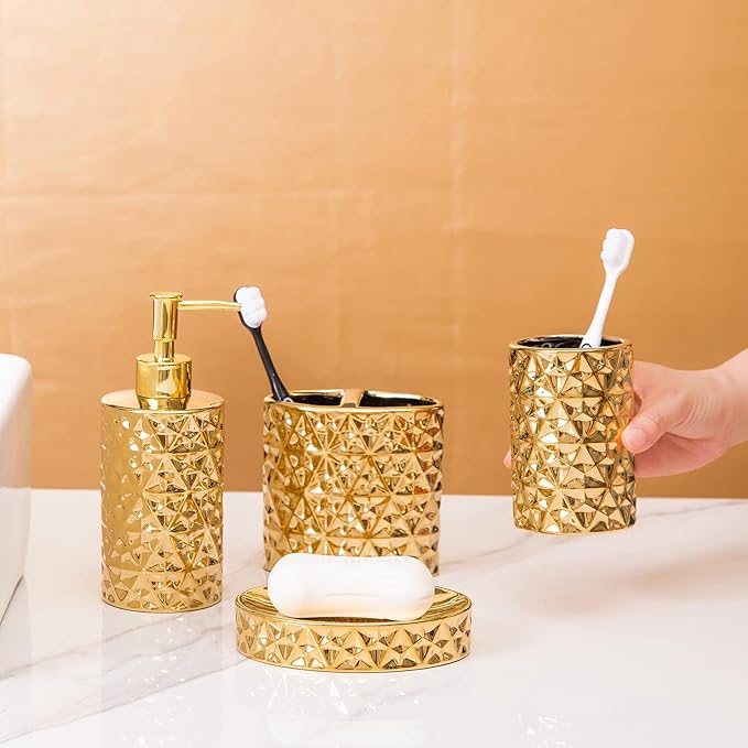 Gold Bathroom Accessory Sets 4 Piece Ceramic Gift Set Apartment Necessities,Includes Soap Dispenser, Toothbrush Holder, Toothbrush Cup, Soap Dish for Decorative Countertop Housewarming Gift