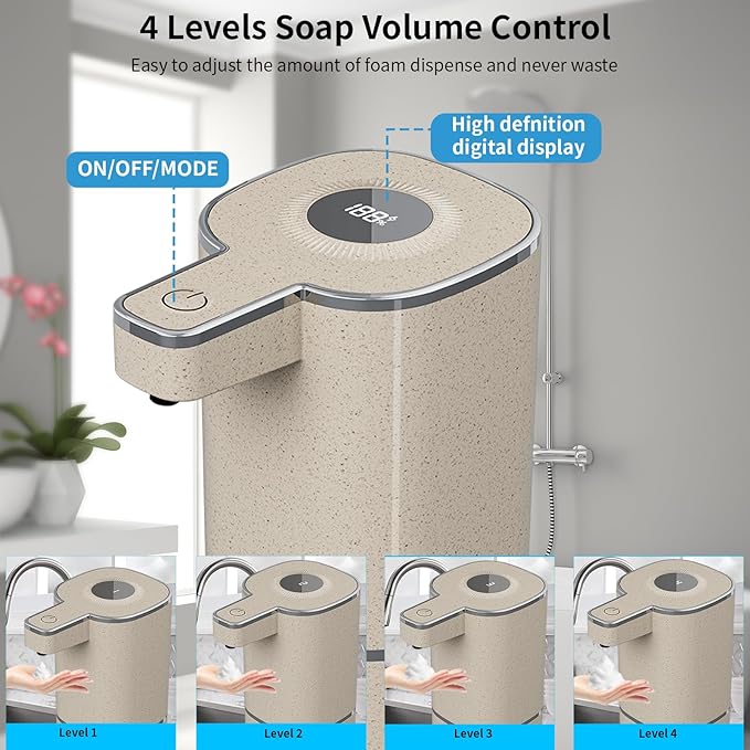 Automatic Liquid Soap Dispenser, Touchless Rechargeable Hand Soap Dispenser, 4 Adjustable Levels, 1200mAh Battery, Large Display, for Kitchen & Bathroom (Light Khaki, Liquid)