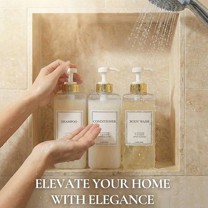 Modern Gold Design Shampoo and Conditioner Dispenser, Large 27oz Shower Soap Dispenser, Set of 3 Refillable Empty Plastic Pump Bottles for Bathroom, 6 Waterproof Labels Included, (Clear & White)